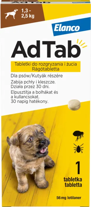 AdTab 56 mg comprimate masticabile pentru caini impotriva purecilor si a capuselor (1,3 2,5 kg) - 1 tableta
