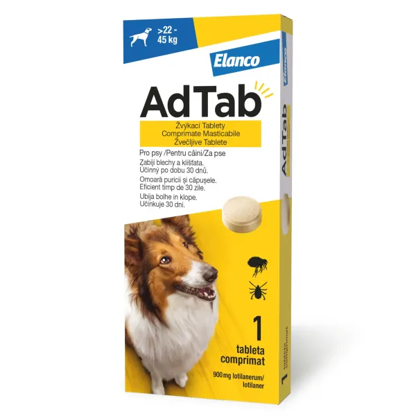 ADTAB, deparazitare externă câini, comprimate masticabile ADTAB, deparazitare externă câini, M-L(22 - 45kg), comprimate masticabile, 900mg x 1buc