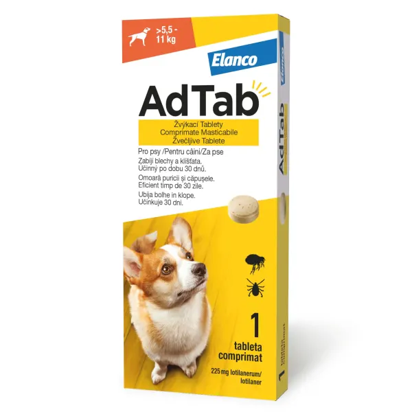 ADTAB, deparazitare externă câini, comprimate masticabile ADTAB, deparazitare externă câini, S(5.5 - 11kg), comprimate masticabile, 225mg x 1buc