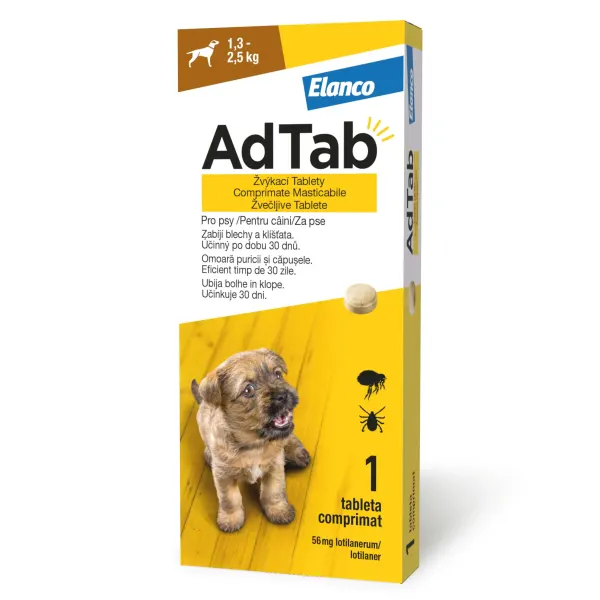 ADTAB, deparazitare externă câini, comprimate masticabile ADTAB, deparazitare externă câini, XS(1.2 - 2.5kg), comprimate masticabile, 56.25mg x 1buc