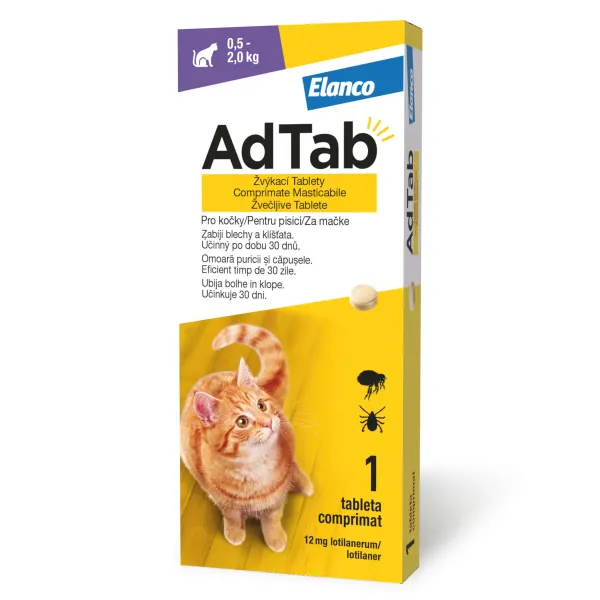 ADTAB, deparazitare externă pisici, comprimate masticabile ADTAB, deparazitare externă pisici, (0.5 - 2kg), comprimate masticabile, 12mg x 1buc