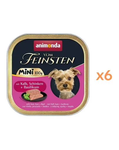ANIMONDA Vom Feinsten Mini hrană umedă pentru câini de talie mică cu vițel, șuncă și busuioc 6x100 g