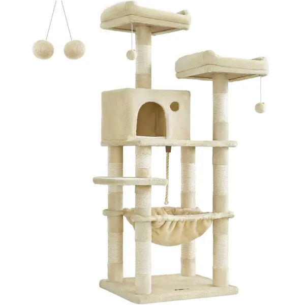 Ansamblu joaca pisici tip copac 3 culcusuri si ascunzatoare, plus 500g m2, stalpi sisal, 55x45x145 cm, bej