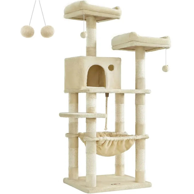 Ansamblu joaca pisici tip copac 3 culcusuri si ascunzatoare, plus 500g/m2, stalpi sisal, 55x45x145 cm, bej