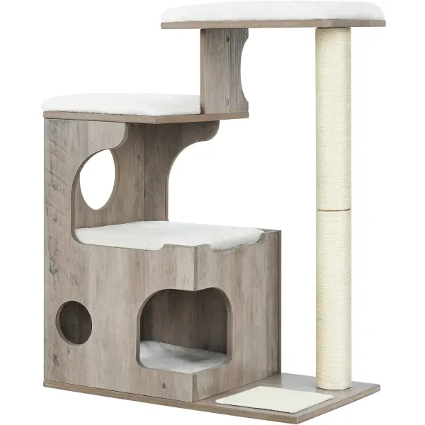 Ansamblu joaca pisici tip copac din lemn cu 3 culcusuri si pestera, stalpi sisal 80 cm, perne lavabile, 66x40x86 cm, gri