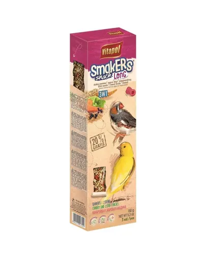 Batoane Long Mix 3in1 pentru canari și cinteze zebră, cu semințe sălbatice, fructe de pădure și morcov, VITAPOL Smakers