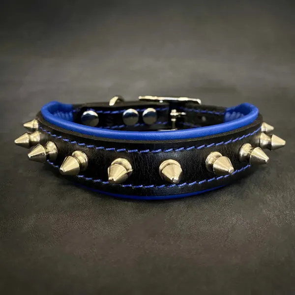 Bestia Zgarda Spiky, Piele Naturala, M: 30-35 cm, Albastru
