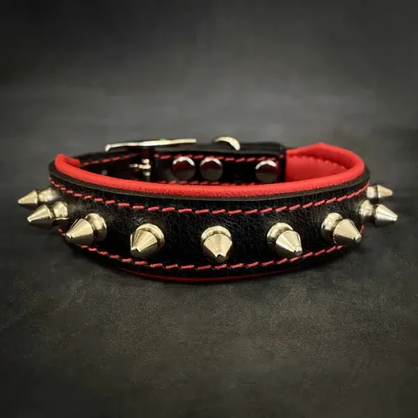 Bestia Zgarda Spiky, Piele Naturala, M: 30-35 cm, Rosu