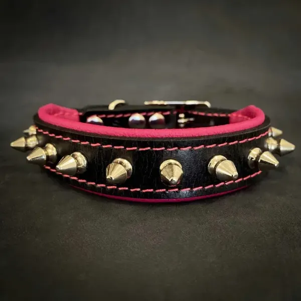 Bestia Zgarda Spiky, Piele Naturala, M: 30-35 cm, Roz