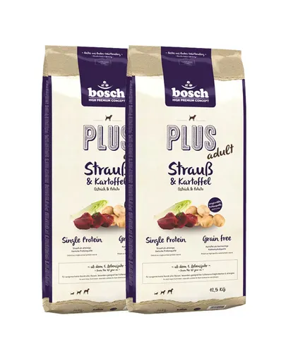 BOSCH Plus Hrana uscata cu strut &amp; cartofi pentru cainii junior cu intolerante alimentare 25 kg (2 x 12,5 kg)