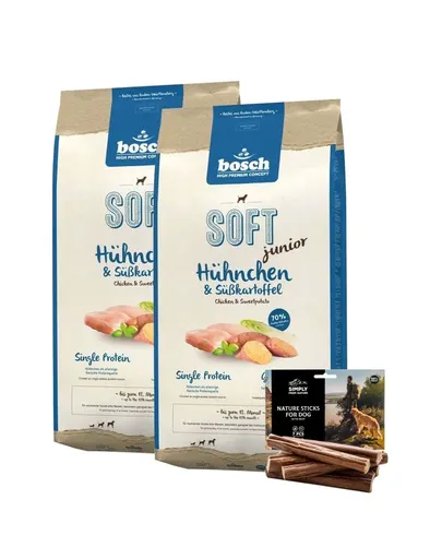 BOSCH Soft Junior Hrana uscata cu pui si cartofi dulci pentru cainii junior 2 x 12,5 kg + recompense sticks 7 buc