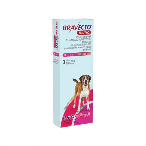 BRAVECTO TRIUNO antiparazitar intern si extern pentru caini 600mg (40-60 kg) - 3 tablete masticabile