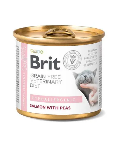 BRIT Veterinary Diet Cat Hypoallergenic Salmon &amp; Pea 12x200 g hrană umedă dietetică hipoalergenică pentru pisici, cu somon și mazăre