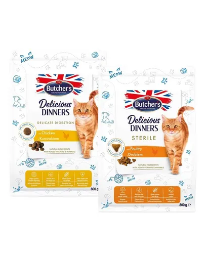 BUTCHER'S Functional Cat Indoor cu pasare 800 g + Sensitive cu pui 800 g