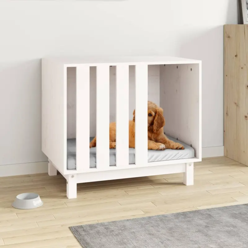 Casa pentru caini, alb, 70x50x62 cm, lemn masiv de pin