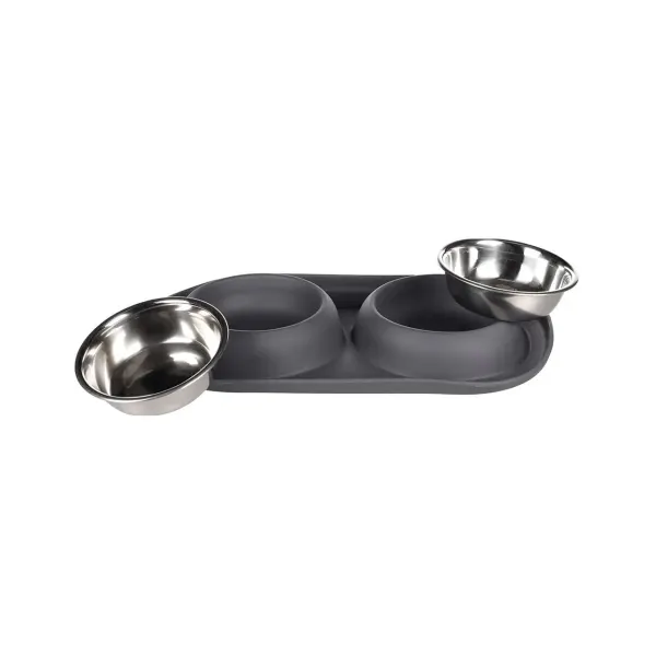 Castron Dublu Antiderapant din Inox pentru Caini, Flamingo Grafa, Dark Grey, 2x220 ml