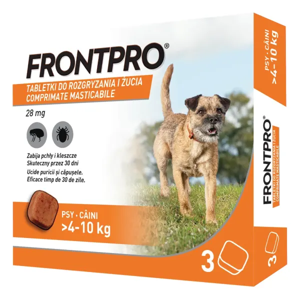 Comprimate masticabile antiparazitare caini, Frontpro M, 28 mg, >4-10 kg, 3 buc/ cutie