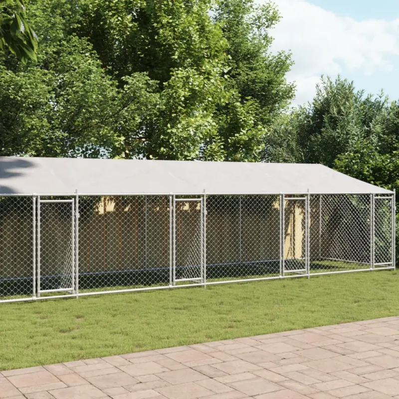 Cusca caini cu acoperis si usi, gri, 12x2x2 m, otel galvanizat
