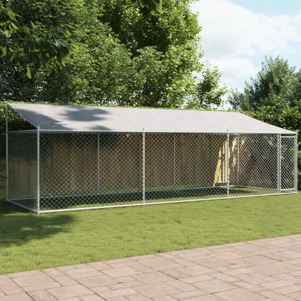 Gossi cusca caini cu acoperis si usi, gri, 6x2x2 m, otel galvanizat