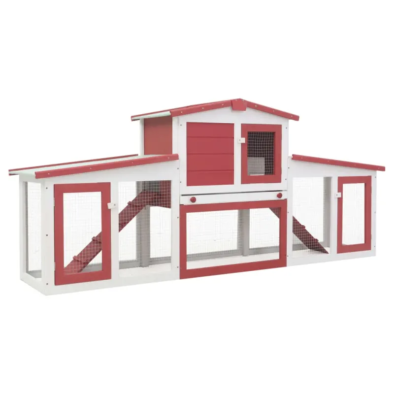 Cusca mare exterior pt. iepuri, rosu si alb, 204x45x85 cm, lemn