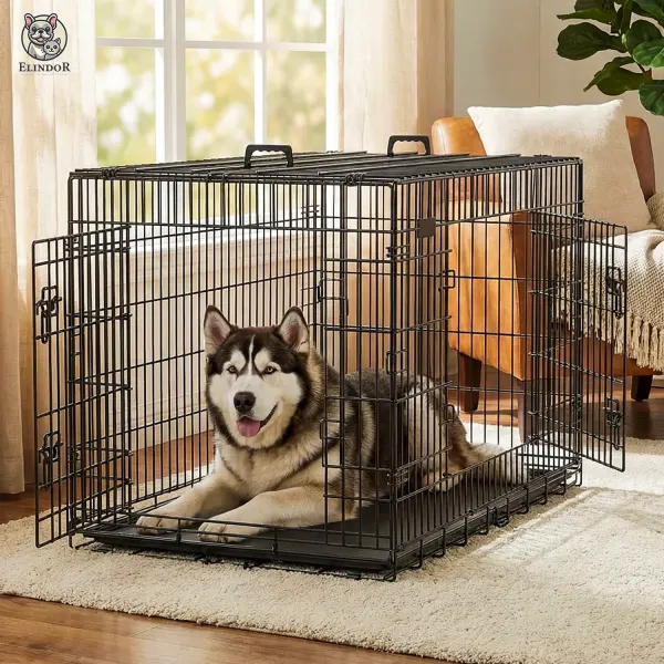 Cusca pentru Animale Elindor® Pliabila, Potrivita pentru Caini de Talie Medie si Mare de 23 Kg, Utilizare in Interior si Exterior sau Calatorii, cu 2 Usi, Baza din Plastic Detasabila, 2 Manere pentru Transport, Marime XXL, 107×69.5×75 cm, - Default Title