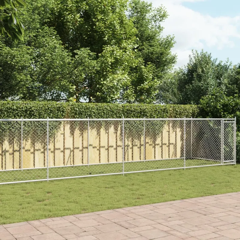 Cusca pentru caini cu usa, gri, 12x2x1,5 m, otel galvanizat