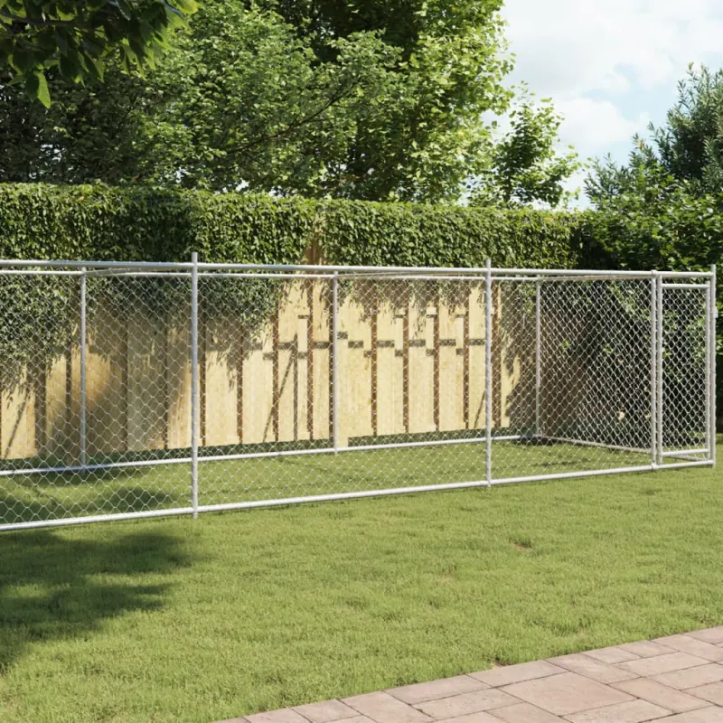 Cusca pentru caini cu usa, gri, 8x2x1,5 m, otel galvanizat