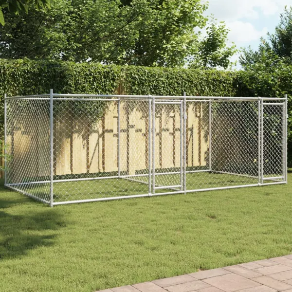 Gossi cusca pentru caini cu usi, gri, 4x2x1,5 m, otel galvanizat