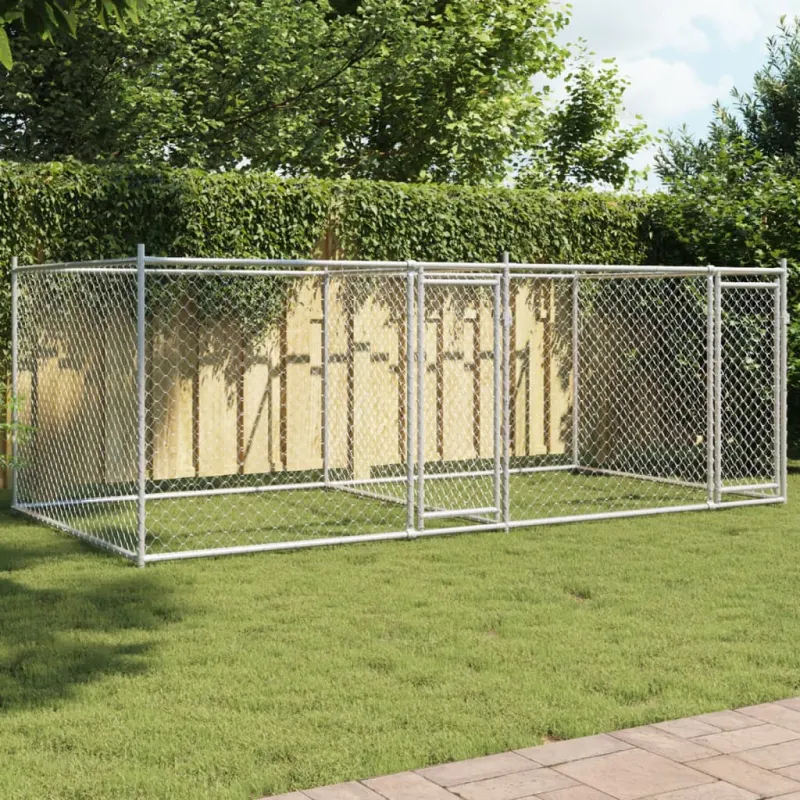 Cusca pentru caini cu usi, gri, 4x2x1,5 m, otel galvanizat