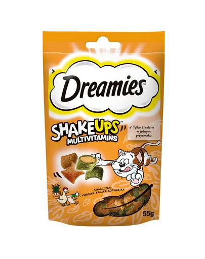 DREAMIES ShakeUps Multivitamins 55g recompensa cu pui, rata si iarba pisicii pentru pisici