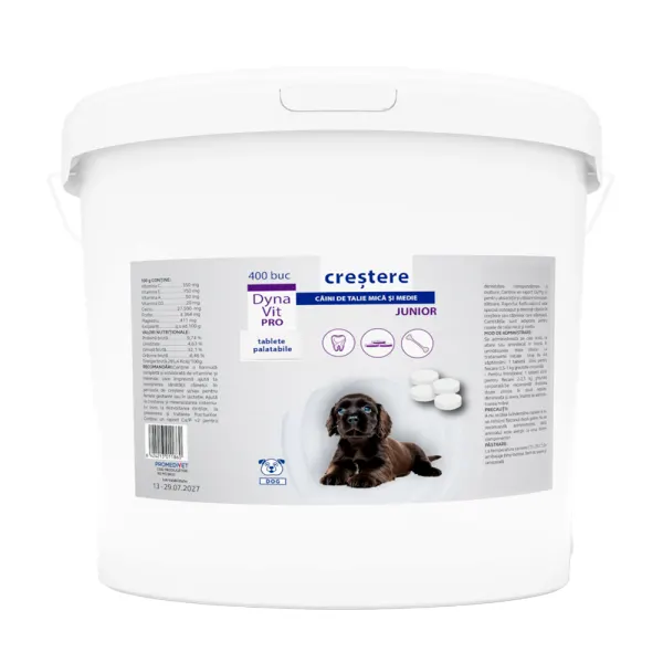 Dynavit-Pro crestere caini junior, supliment pentru catei de talie mica si medie in perioada de crestere, 400 tablete*1.2gr