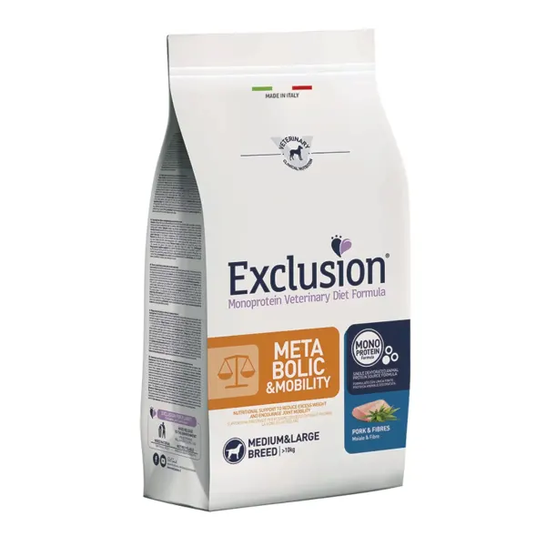 EXCLUSION Monoprotein VD Metabolic&Mobility Medium/Large, M-XL, Porc și Fibre, dietă veterinară, hrană uscată câini, obezitate, sistem articular, 12kg