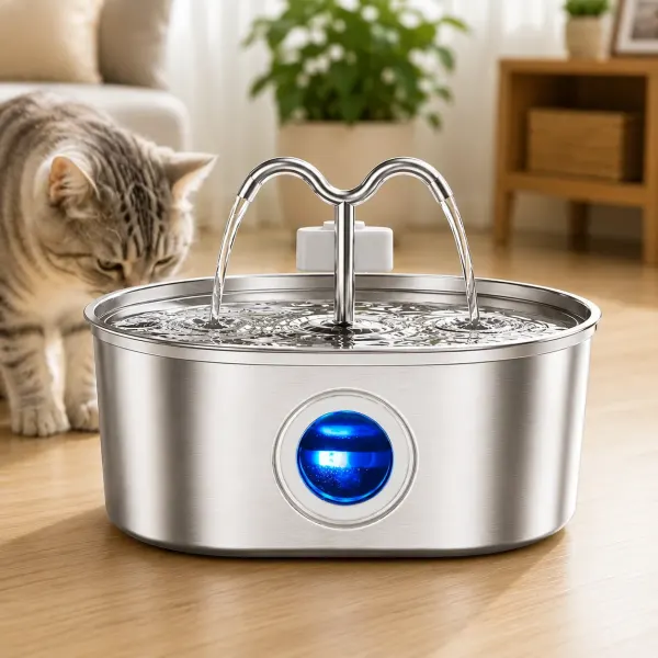 Fantana Apa Pisici si Caini Elindor®, Dispenser Automat cu Capac pentru Animale, Silentios 20dB, Adapator cu Dubla Circulatie, Purificare si Filtrare Carbune Activ, Flux Dublu, Adaptor Priza, Capacitate 3,2L, Filtru si Pompa Incluse, Inox 304, Argintiu -