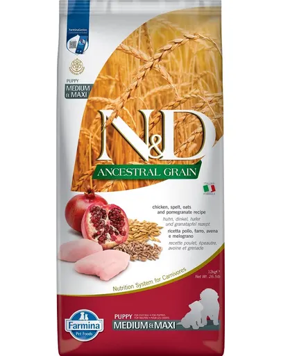 FARMINA N&D Ancestral Grain Puppy Medium&Maxi Chicken&Pomegranate hrana uscata caini juniori talie medie/mare, pui si rodie 12 kg
