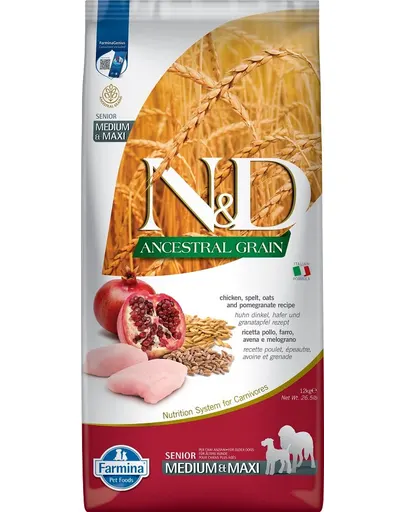 FARMINA N&D Low Grain Senior Medium/Maxi Hrana uscata pentru caini seniori talie medie si mare,cu pui si rodie 12 kg