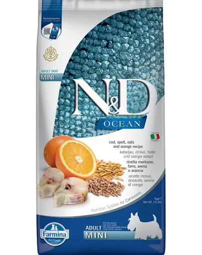 FARMINA N&amp;D Ocean Adult Mini cu cod, spelat, ovăz, portocale 7 kg
