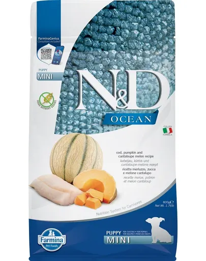 FARMINA N&amp;D Ocean Hrana uscata pentru catei de talie mica, cu cod, dovleac si pepene galben 800 g