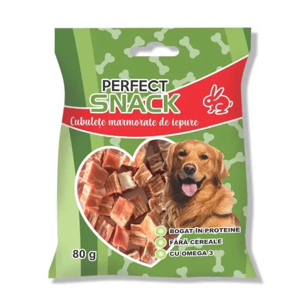 Hrana complementara pentru caini, Perfect Snack, cubulete marmorate de iepure, 80 g