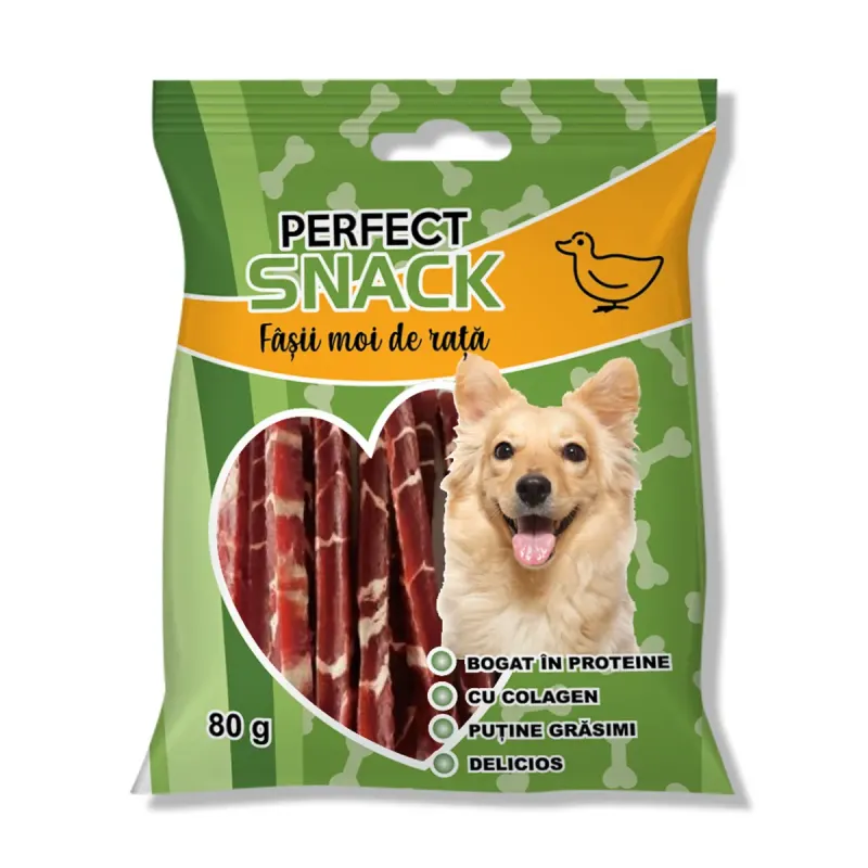 Hrana complementara pentru caini, Perfect Snack, fasii moi de rata, 80 g