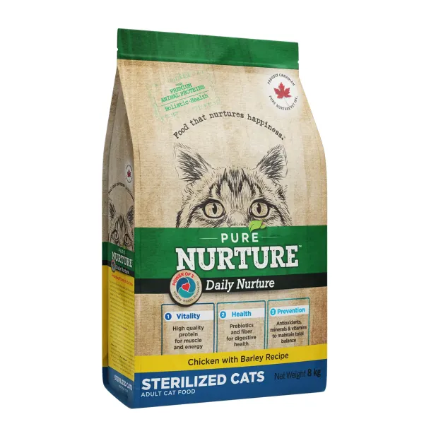 Hrana pisici sterilizate Pure Nurture, cu orz si pui, 8 kg