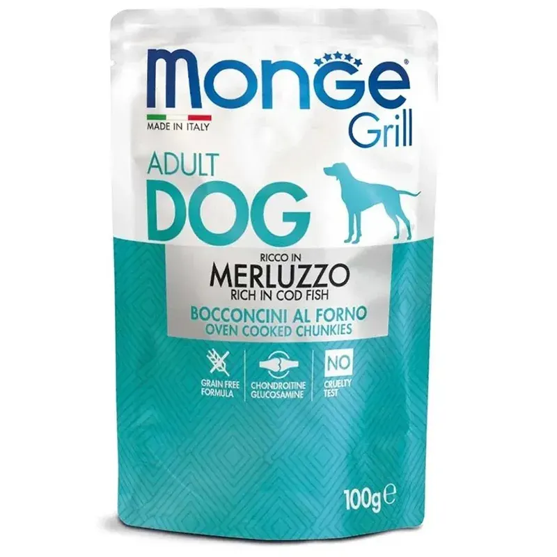 Hrana umeda caini, Monge Grill Adult Dog, Cod, 100 g