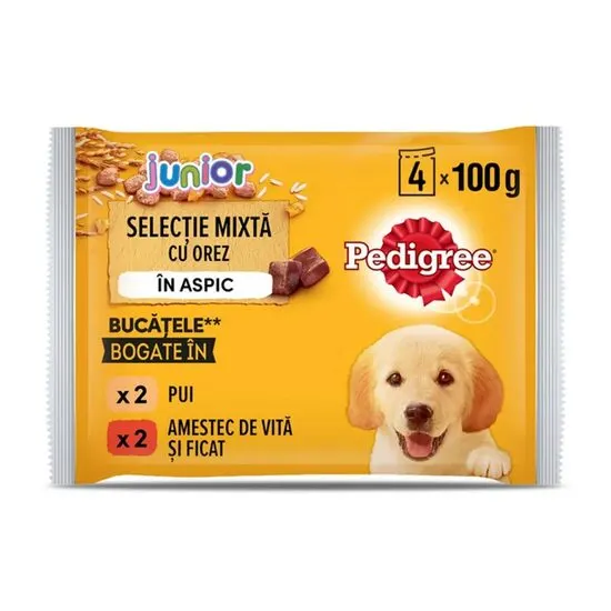 Hrana umeda pentru caini juniori Pedigree, selectie de carne cu orez in aspic, 4 x 100 g Engros