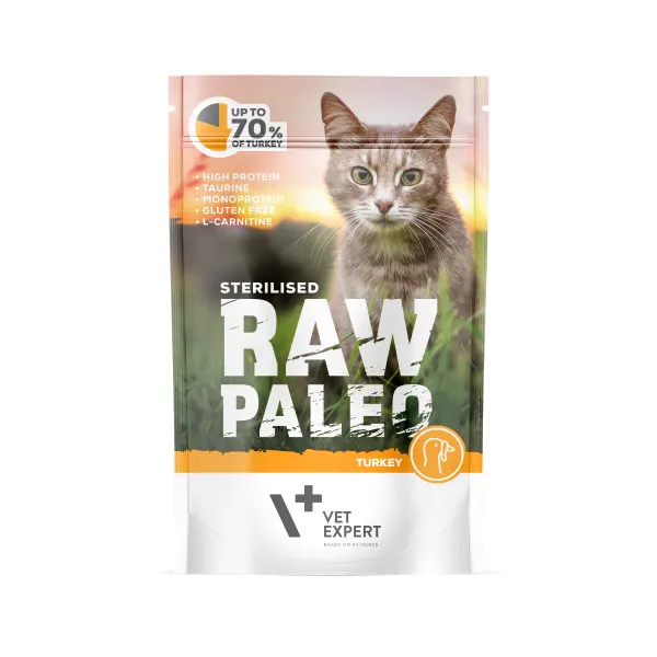 Hrana umeda pentru pisici, RAW PALEO CAT, STERILISED, carne de curcan, 100 g