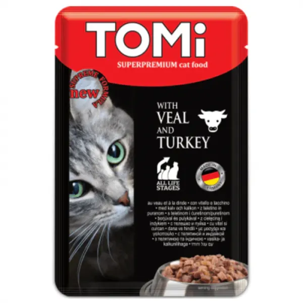 Hrana umeda pentru pisici Tomi cu vitel  curcan 100 gr
