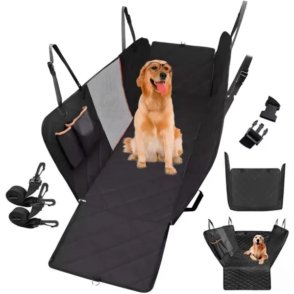 Husa auto de protectie pentru bancheta din spate ideala in transportul animalelor Engros, universala, previne zgarieturile si alunecarea cainilor sau pisicilor, impermeabila cu fereastra de plasa si fermoar, 137x147, Neagra, Fish & Paws ®