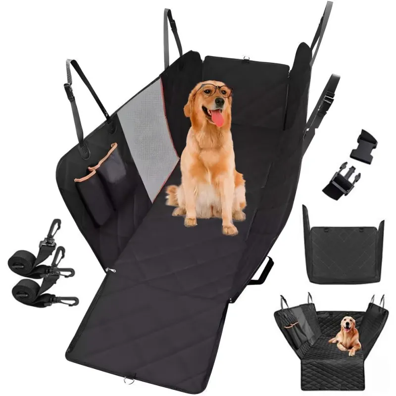 Husa auto de protectie pentru bancheta din spate ideala in transportul animalelor Engros, universala, previne zgarieturile si alunecarea cainilor sau pisicilor, impermeabila cu fereastra de plasa si fermoar, 137x147, Neagra, Fish & Paws ®
