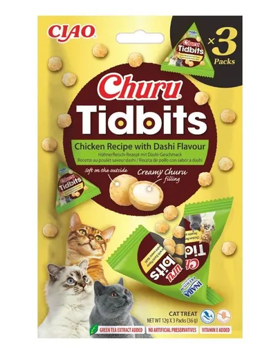 INABA Cat Churu Tidbits Rețetă cu Pui și Aromă Dashi 3×12 g gustări moi și cremoase cu pui și bulion Dashi pentru pisici