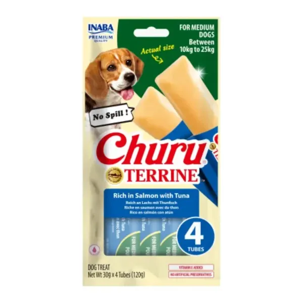 INABA Churu Terrine Medium, M, Somon și Ton, punguță recompense câini, 60g