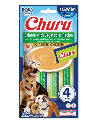 INABA Dog Churu Fish Based Salmon with Vegetables Recipe 4x14g recompensă cremoasă cu somon și legume pentru câini