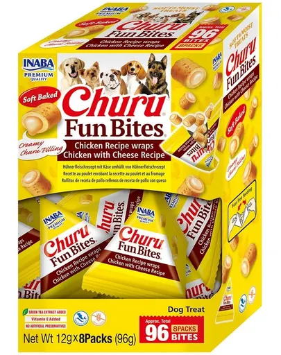 INABA Dog Churu Fun Bites Chicken with Cheese 8x12g recompense caini, cu pui si branza